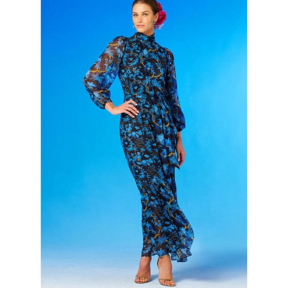 NicoBlu Blythe Maxi Crinkle Chiffon Dress Blue Chinoiserie Bird Floral Maxi Sz 0